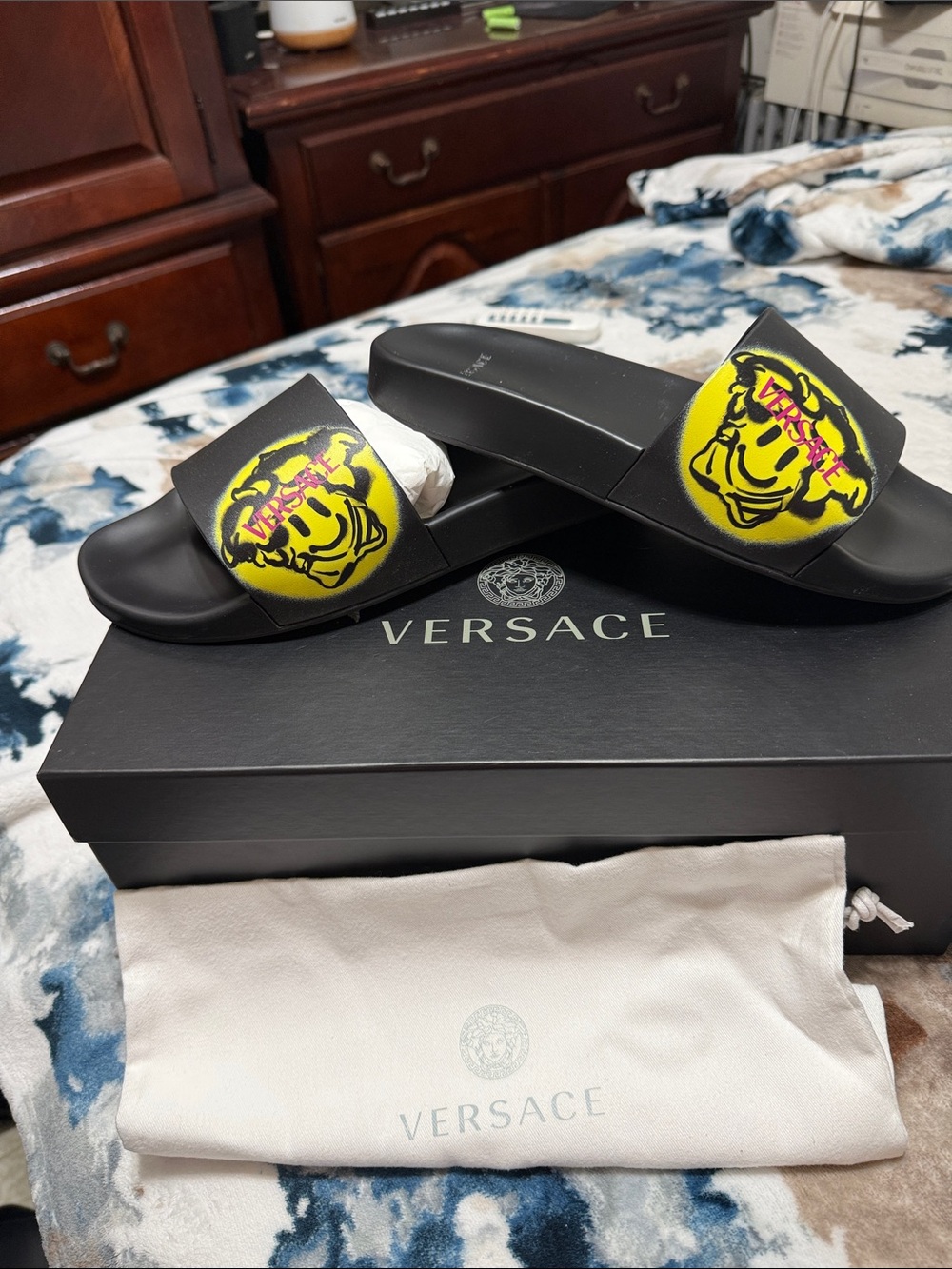 Versace Black Slides with Yellow Medusa Graphic and Pink Accent